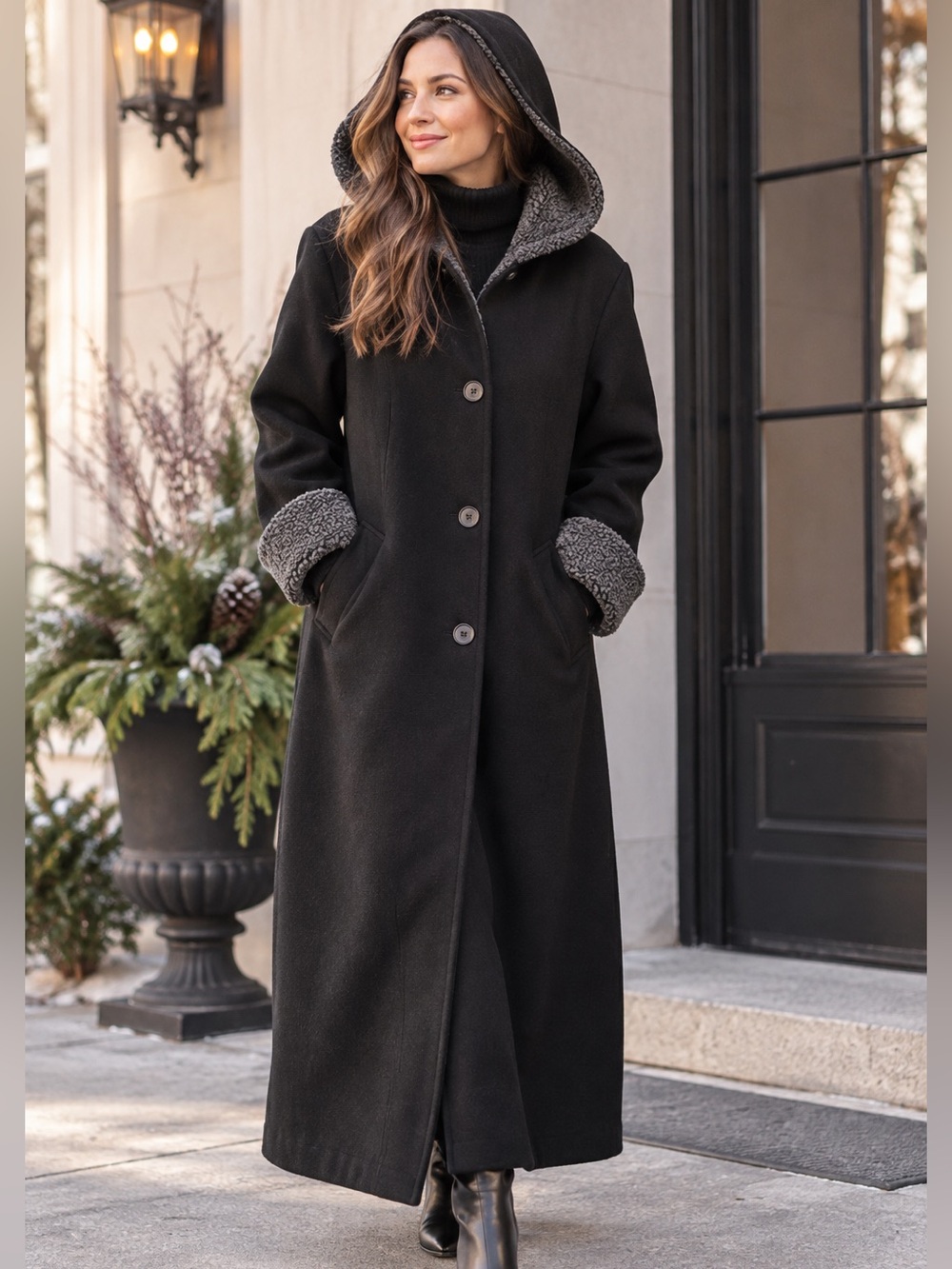 Vintage MDP Mario De Pinto 100% Wool Hooded Maxi Coat Black Made USA